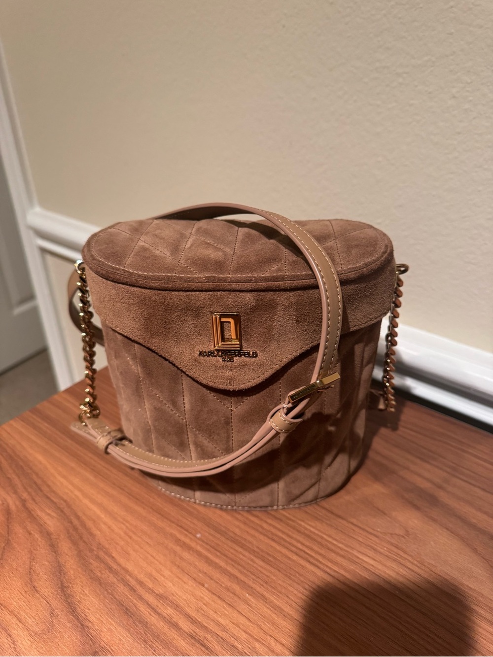 Karl Lagerfeld Taupe Quilted Suede Crossbody with Gold Chain